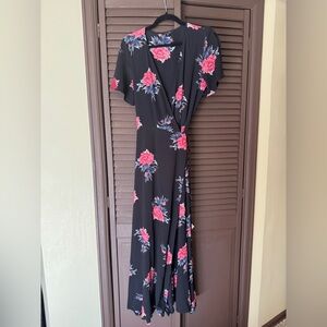 Papermoon Black Floral Wrap Maxi Dress with Pink Blooms Size Medium